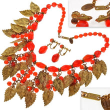 Load image into Gallery viewer, Miriam Haskell Signed Vintage Red Glass and Brass Leaf Necklace and Earrings Set - shopcurious
