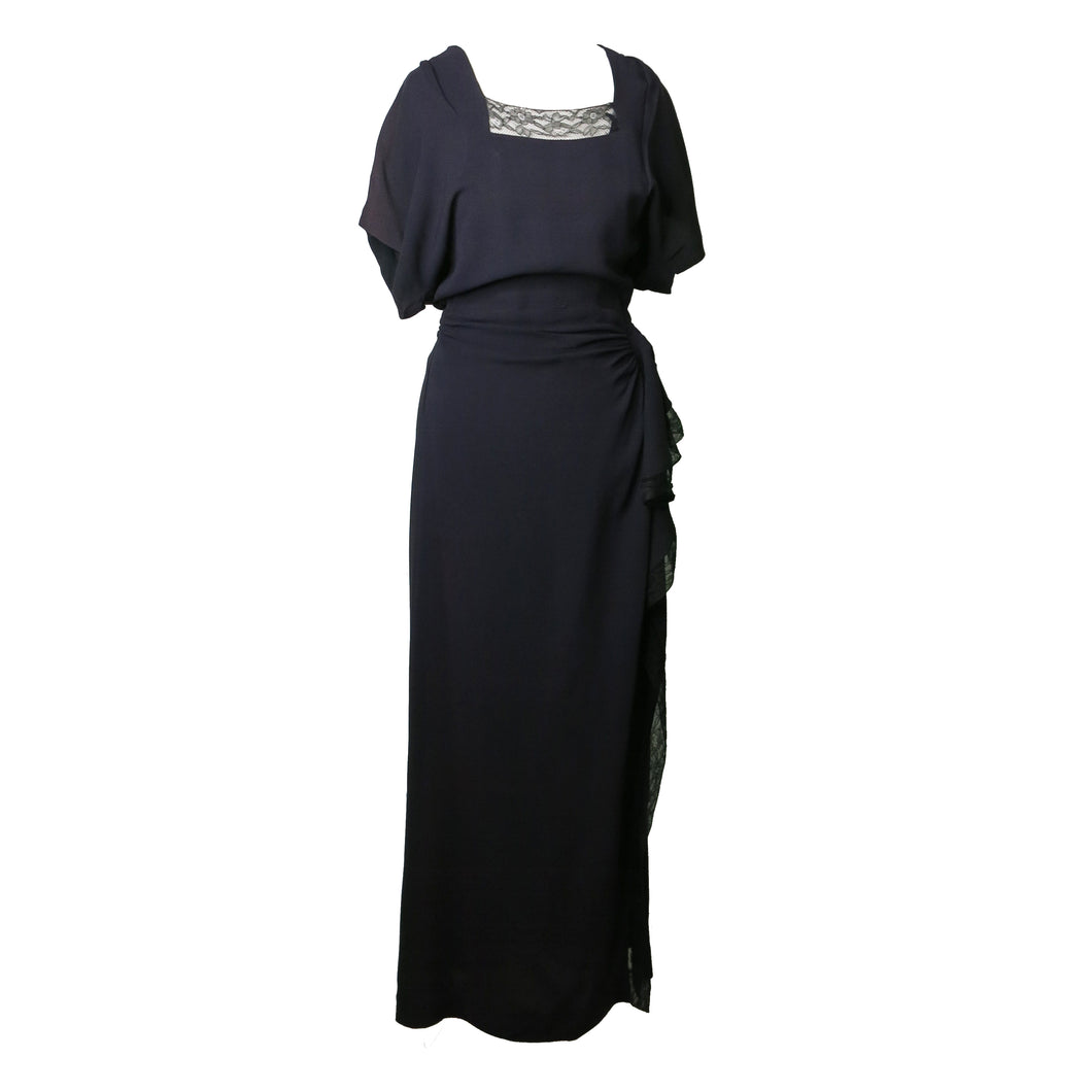 Late 1930s Black Crepe Dress with Lace Insert - shopcurious