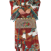 Load image into Gallery viewer, Nirvana Kimono Gown - Brick Red and Peppermint with Pom-Pom Trim - shopcurious
