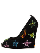 Load image into Gallery viewer, Star Sequin Peep-Toe Wedges Black Suede - shopcurious
