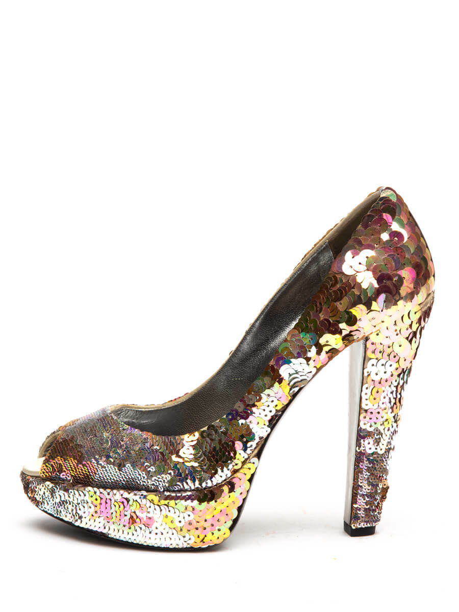 Sequin Platform Peep-Toe Pumps Multicolour Leather - shopcurious