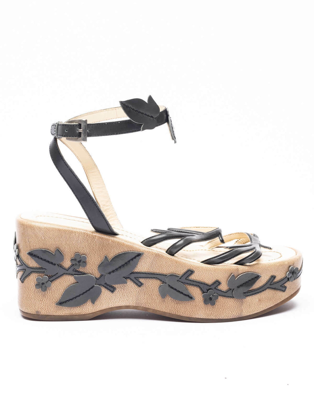 1997 Vine Leaf Platform Sandals Black Leather - shopcurious