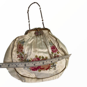 Antique Ivory Satin Tambour Embroidered Evening Bag - ShopCurious