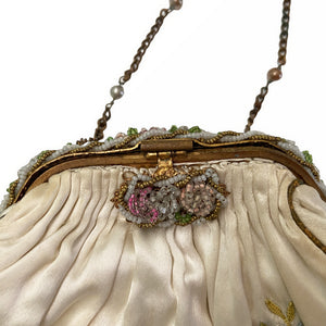 Antique Ivory Satin Tambour Embroidered Evening Bag - ShopCurious