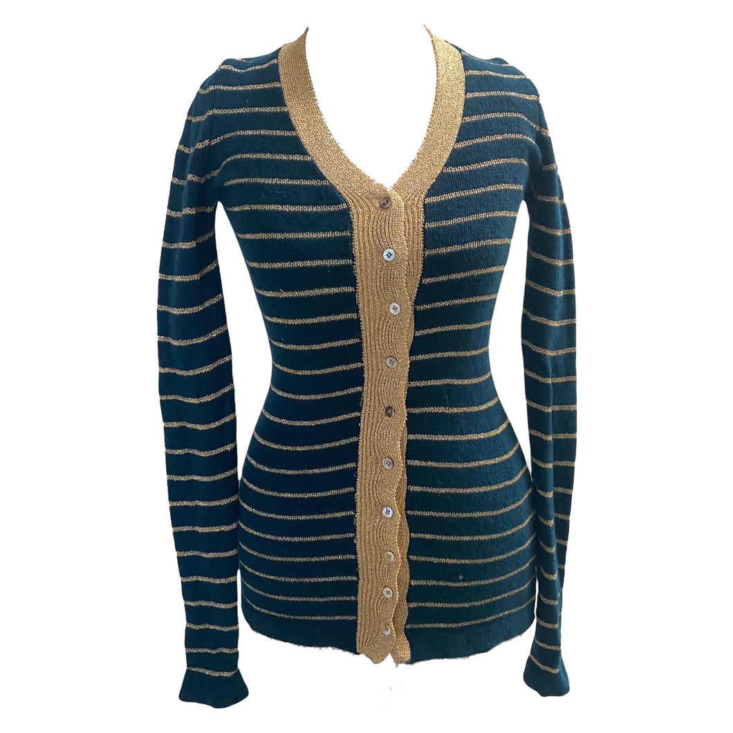 Vintage Biba Dark Green and Gold Lurex Stripe Cardigan ShopCurious