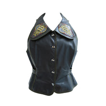 Load image into Gallery viewer, Black Leather 1970s Bill Gibb Waistcoat with Bumblebee Buttons and Collar - ShopCurious
