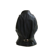 Load image into Gallery viewer, Black Leather 1970s Bill Gibb Waistcoat with Bumblebee Buttons and Collar - ShopCurious
