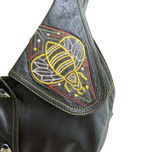 Load image into Gallery viewer, Black Leather 1970s Bill Gibb Waistcoat with Bumblebee Buttons and Collar - ShopCurious
