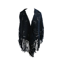 Load image into Gallery viewer, Blue Suede Fringed Vintage Cape with Filigree Cutout Design - ShopCurious
