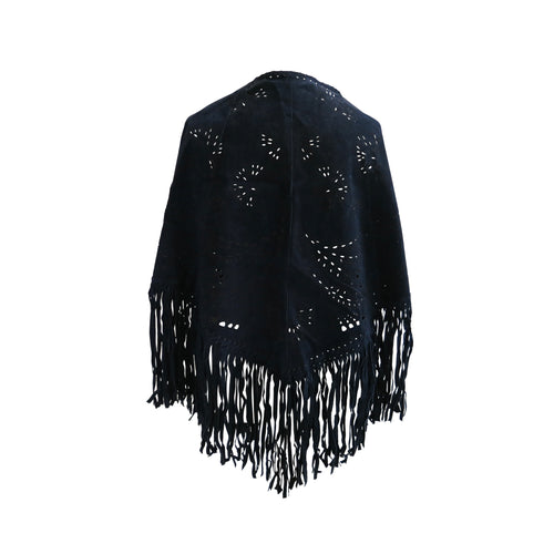 Blue Suede Fringed Vintage Cape with Filigree Cutout Design - ShopCurious