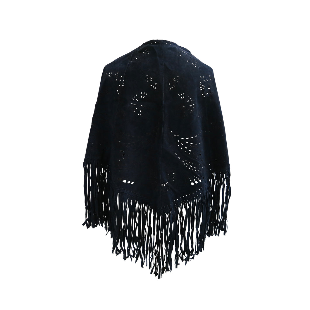 Blue Suede Fringed Vintage Cape with Filigree Cutout Design - ShopCurious