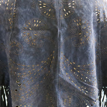 Load image into Gallery viewer, Blue Suede Fringed Vintage Cape with Filigree Cutout Design - ShopCurious
