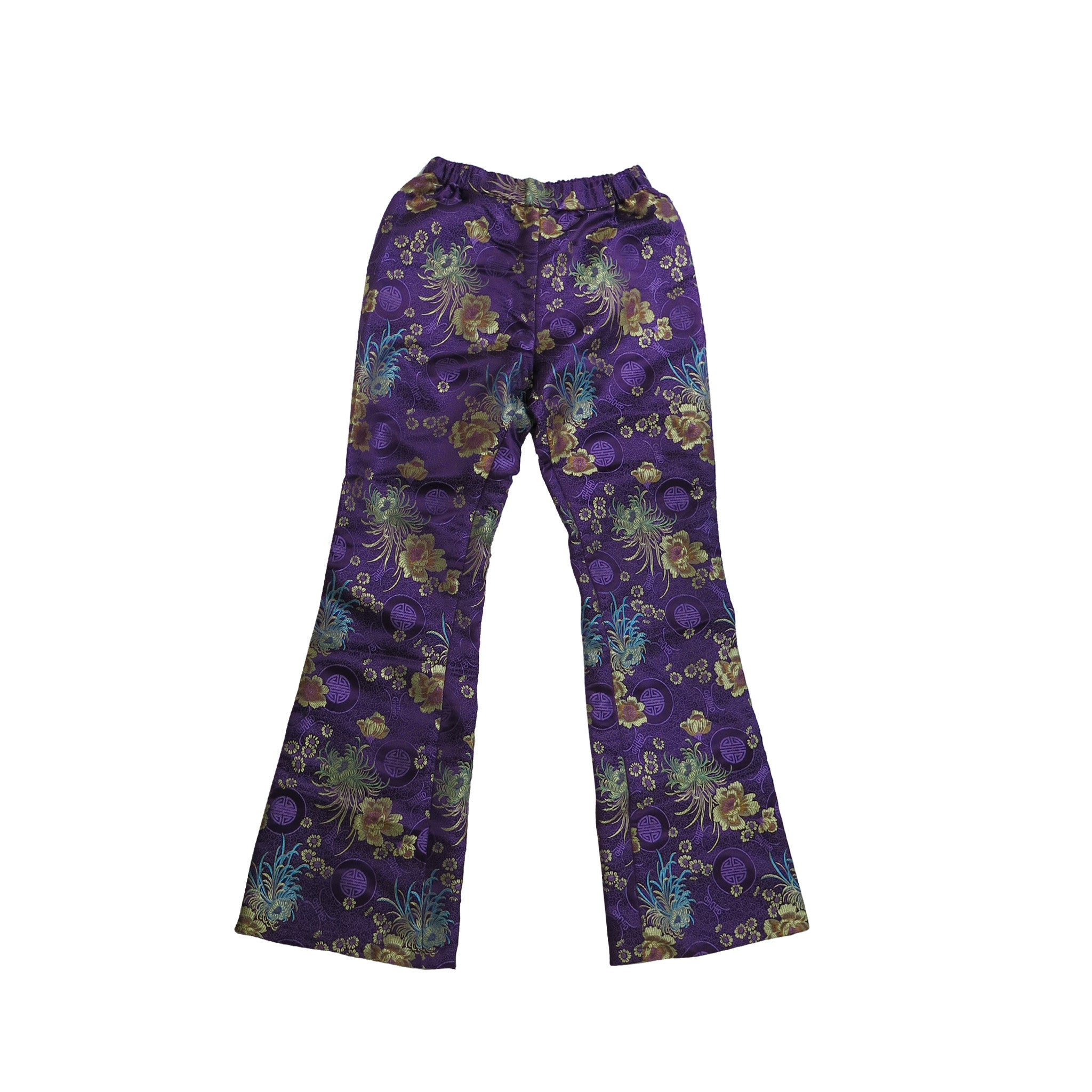 Purple Brocade Flared Trousers with Elasticated Waist