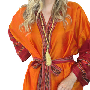 Nirvana Kimono Gown - Orange with Ikat Trim - shopcurious