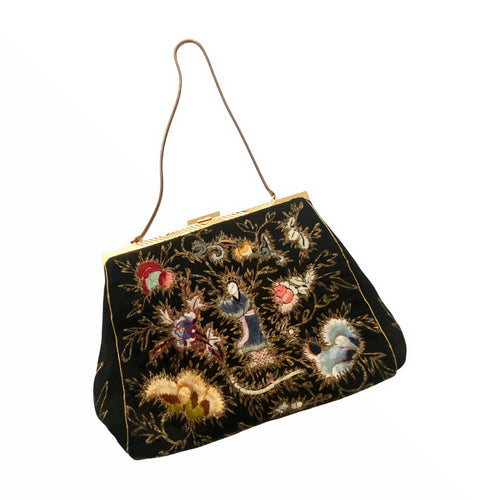 Chinoiserie Style 1930s Embroidered Black Satin Bag with Purse and Mirror - ShopCurious
