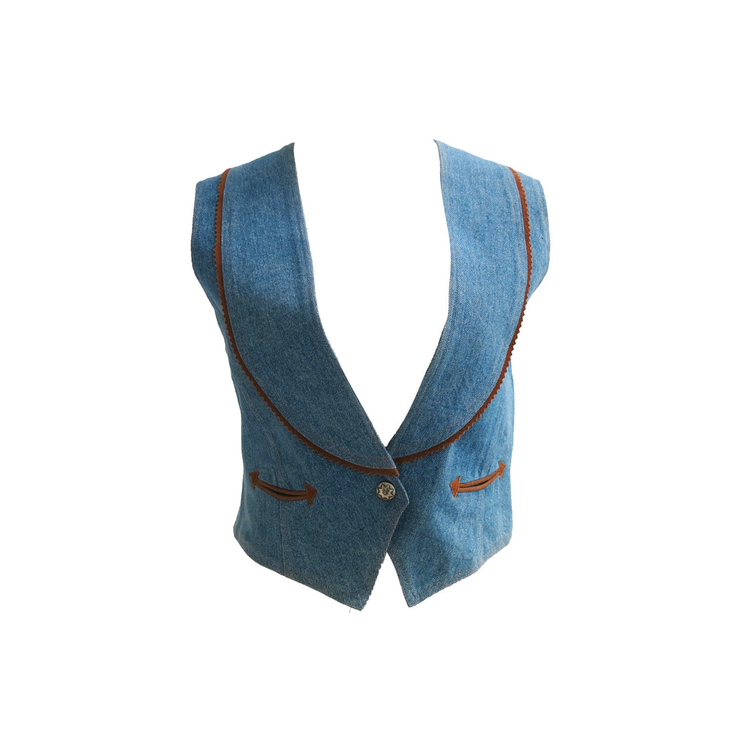 Denim Waistcoat with Tan Suede Detailing - ShopCurious