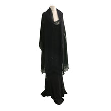Load image into Gallery viewer, Vintage Galliano for Christian Dior Boutique Black Silk Chiffon and Chevron Lace Evening Gown with Frill Edged Shawl - ShopCurious

