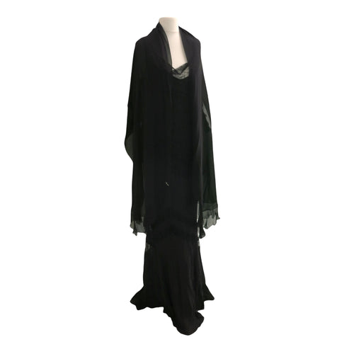 Vintage Galliano for Christian Dior Boutique Black Silk Chiffon and Chevron Lace Evening Gown with Frill Edged Shawl - ShopCurious