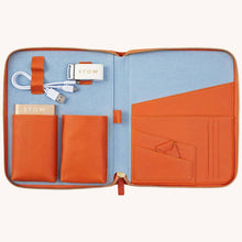 Load image into Gallery viewer, The First Class Leather Tech Case - Amber Orange &amp; Sky Blue - shopcurious
