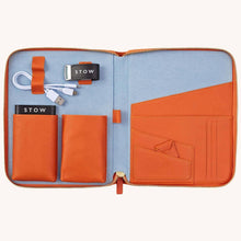 Load image into Gallery viewer, The First Class Leather Tech Case - Amber Orange &amp; Sky Blue - shopcurious
