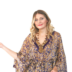 Lotus Kaftan - Gold and Aubergine with Velvet Trim - shopcurious