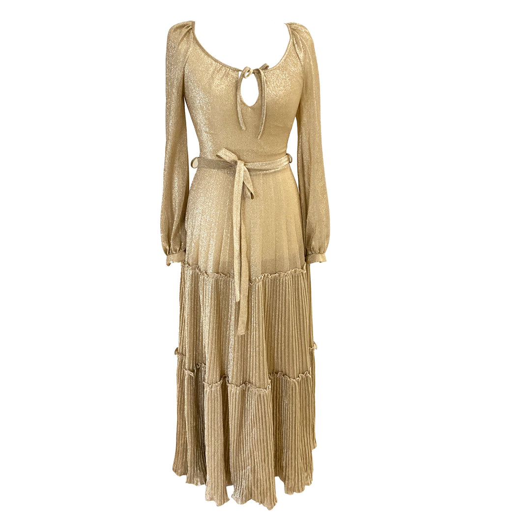 Vera Mont Gold Lurex Pleated Skirt Dress - ShopCurious