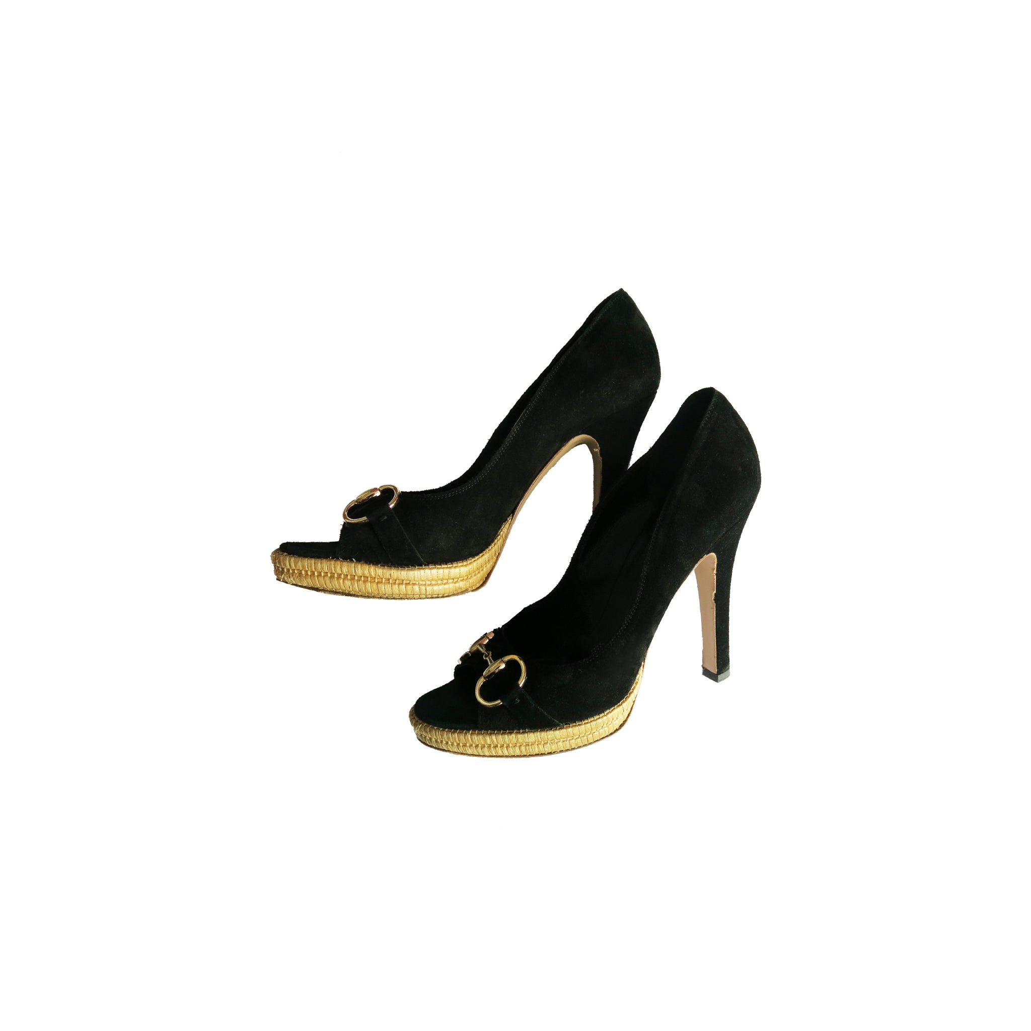 Preloved Gucci Horsebit Detail Black Suede Peep-Toe Shoe with Bamboo  Platform