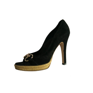 Gucci Horsebit Detail Black Suede Peep-Toe Shoe with Bamboo Platform - ShopCurious