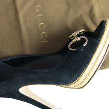 Load image into Gallery viewer, Gucci Horsebit Detail Black Suede Peep-Toe Shoe with Bamboo Platform - ShopCurious
