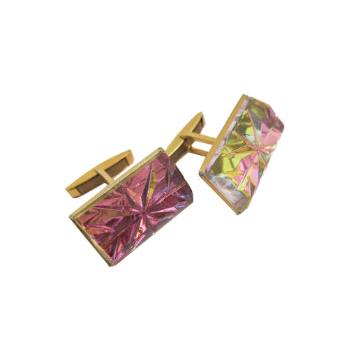Cufflinks - Iridescent Rose Pink and Chartreuse Cut Crystal - shopcurious