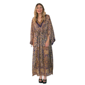 Lotus Kaftan - Gold and Aubergine with Velvet Trim - shopcurious