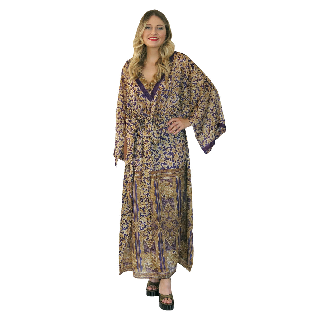 Lotus Kaftan in Gold & Aubergine with Velvet Trim - shopcurious