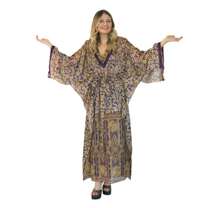 Lotus Kaftan - Gold and Aubergine with Velvet Trim - shopcurious