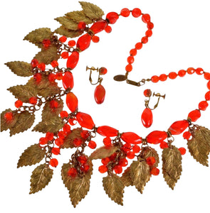 Miriam Haskell Signed Vintage Red Glass and Brass Leaf Necklace and Earrings Set - shopcurious