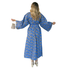 Load image into Gallery viewer, Nirvana Kimono Gown - Azure and Gold with Ribbon Trim - shopcurious
