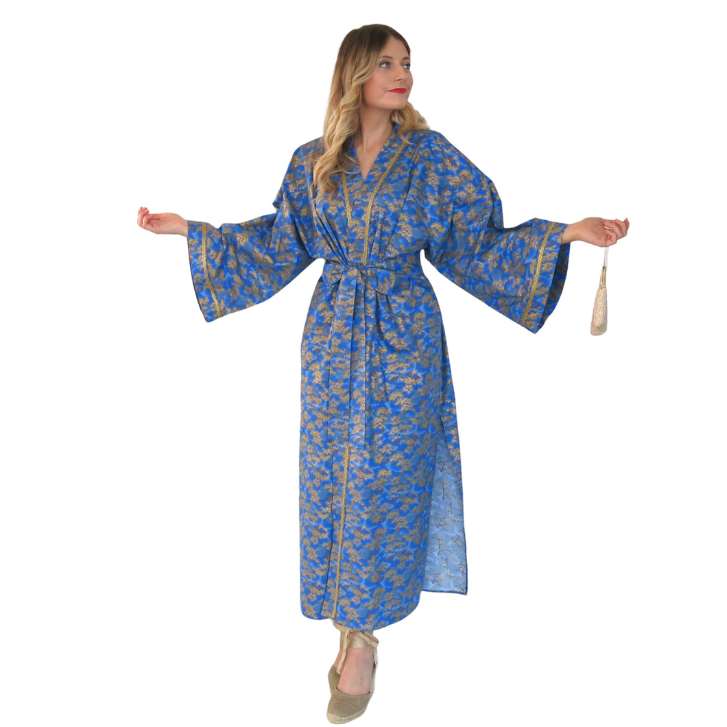 Handmade Nirvana Kimono Gown in Azure & Gold - shopcurious