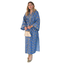 Load image into Gallery viewer, Nirvana Kimono Gown - Azure and Gold with Ribbon Trim - shopcurious

