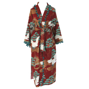 Nirvana Kimono Gown - Brick Red and Peppermint with Pom-Pom Trim - shopcurious