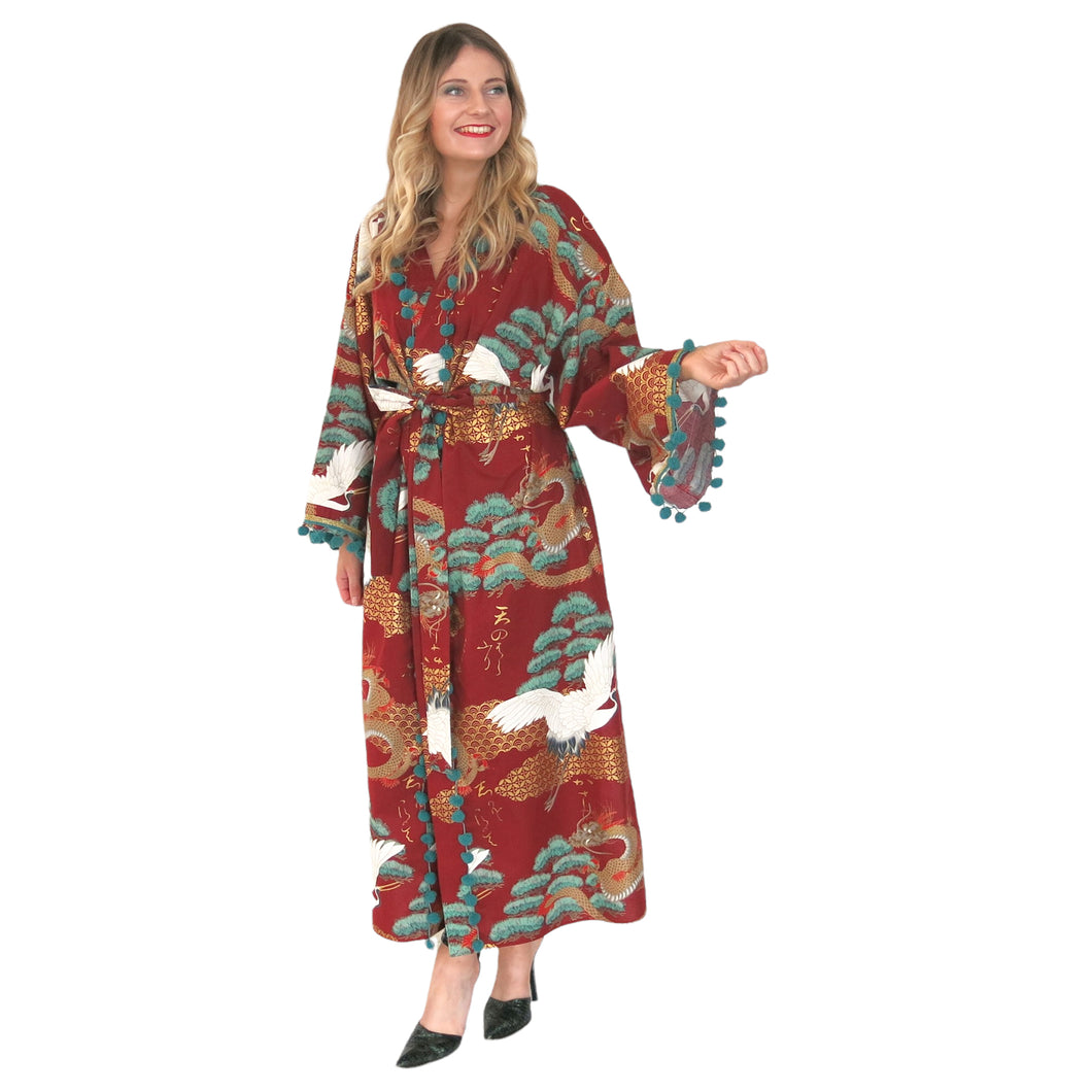 Nirvana Kimono Gown - Brick Red and Peppermint with Pom-Pom Trim - shopcurious