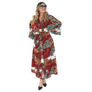 Nirvana Kimono Gown - Brick Red and Peppermint with Pom-Pom Trim - shopcurious