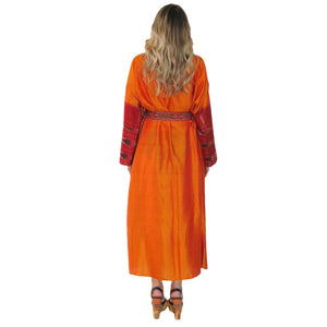 Nirvana Kimono Gown - Orange with Ikat Trim - shopcurious