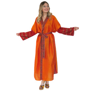 Nirvana Kimono Gown - Orange with Ikat Trim - shopcurious