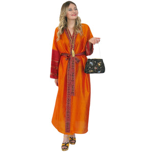 Nirvana Kimono Gown - Orange with Ikat Trim - shopcurious