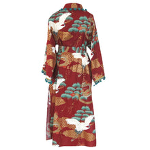 Load image into Gallery viewer, Nirvana Kimono Gown - Brick Red and Peppermint with Pom-Pom Trim - shopcurious
