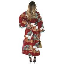 Load image into Gallery viewer, Nirvana Kimono Gown - Brick Red and Peppermint with Pom-Pom Trim - shopcurious
