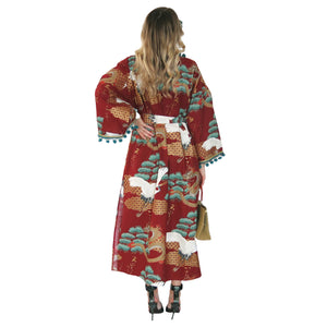 Nirvana Kimono Gown - Brick Red and Peppermint with Pom-Pom Trim - shopcurious