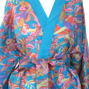 Nirvana Kimono Gown - Turquoise/Multicolour with Velvet Trim - shopcurious