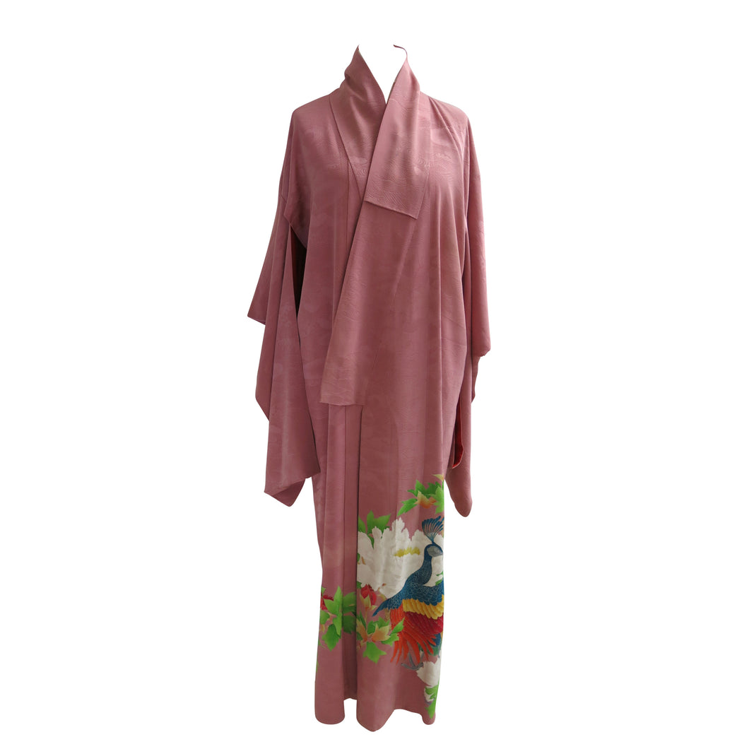 Peacock and Peonies Dusky Pink Vintage Kimono - ShopCurious