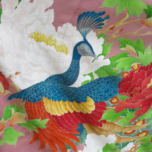 Peacock and Peonies Dusky Pink Vintage Kimono - ShopCurious