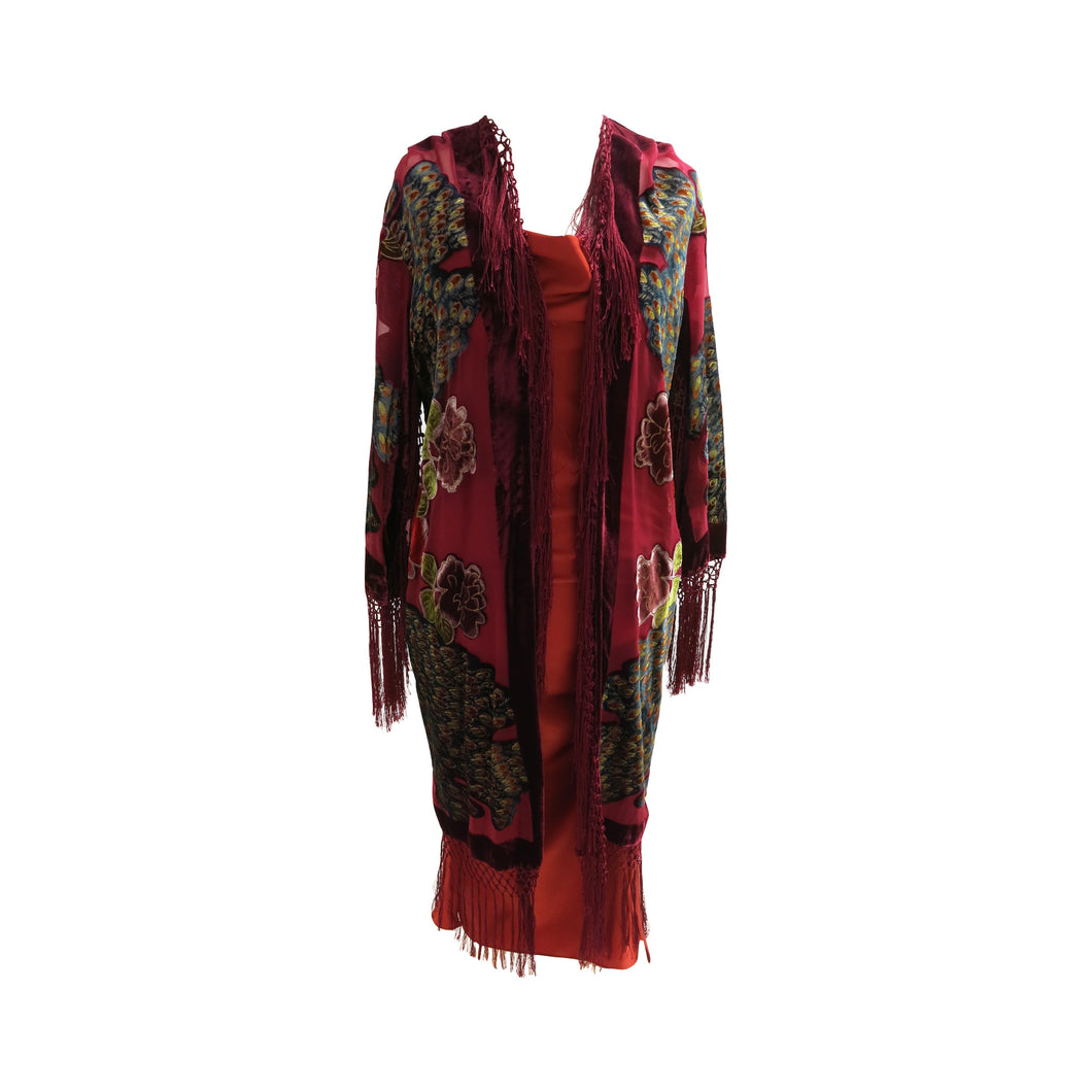 Fringed Devoré Peacock Flower Kimono Jacket - ShopCurious